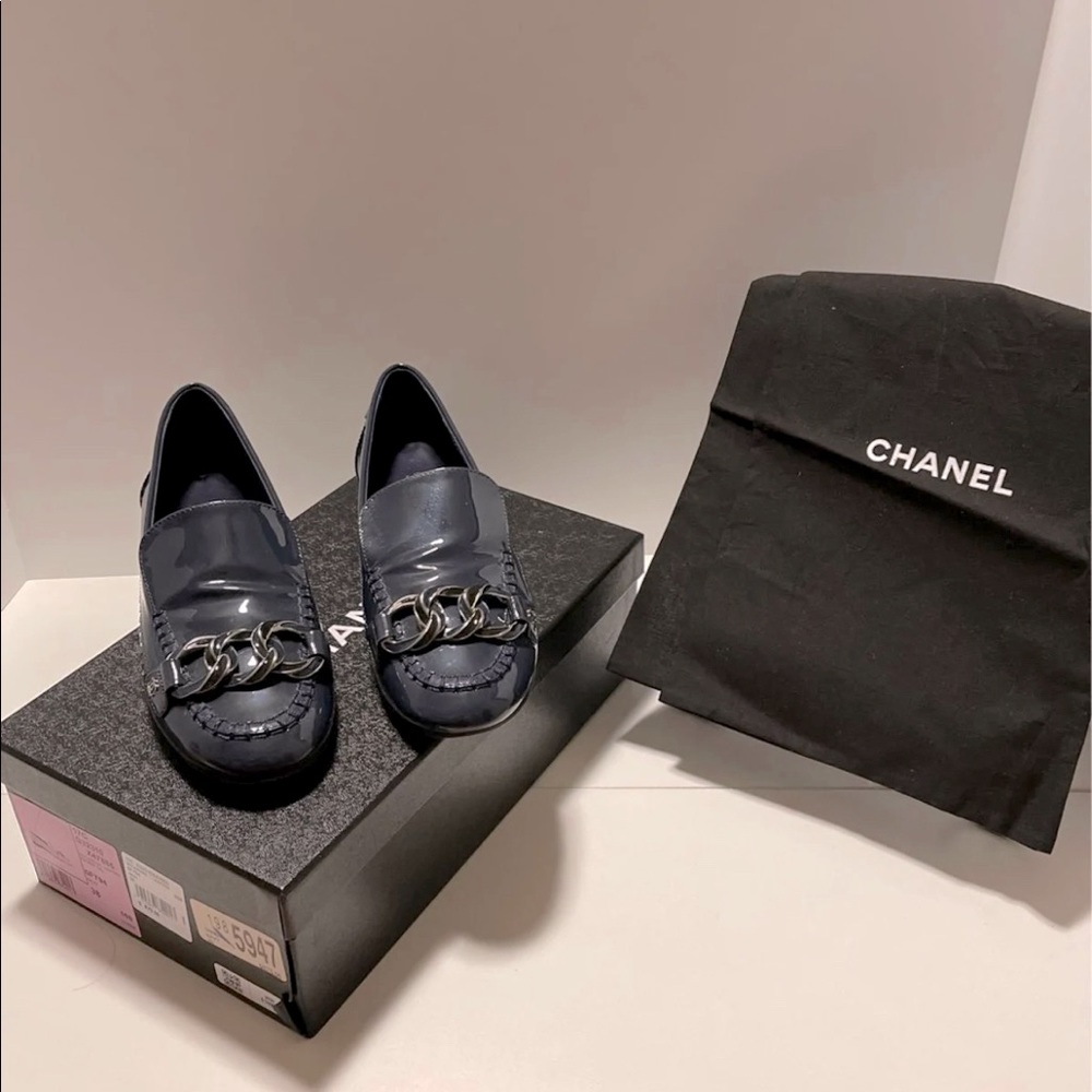 Chanel loafers in Blue Patent & in size 38